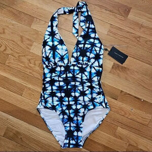 Tommy Hilfiger Women's Navy Acid Wash Deep Shirred Halter One Piece Swimsuit 8